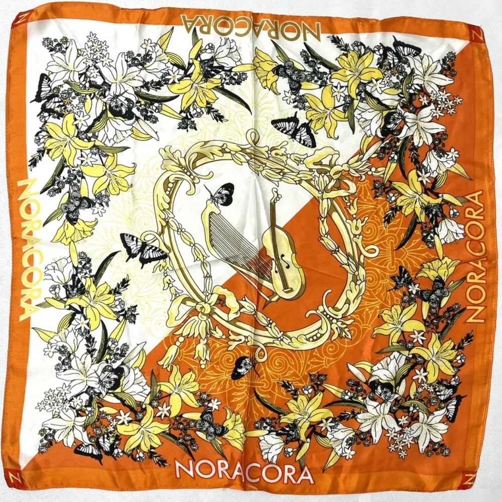 NWT Noracora silk scarf, musical and butterfly theme
